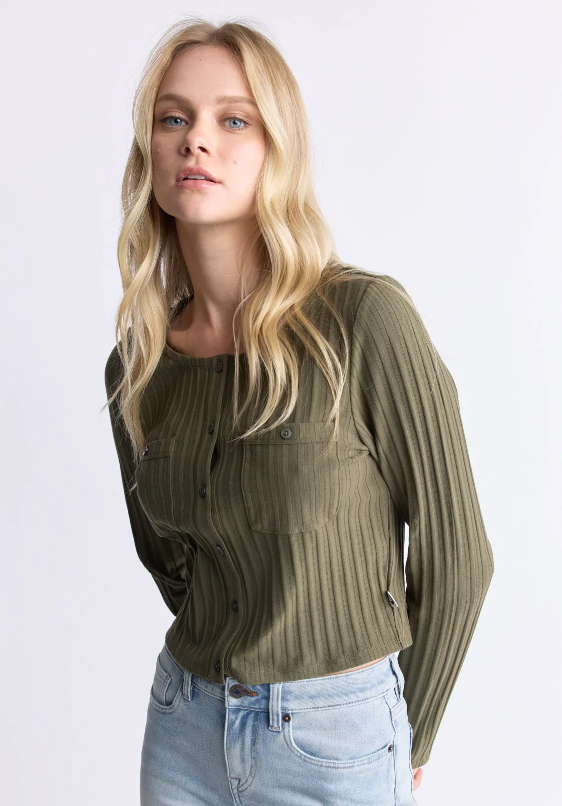 Albertina Women's Ribbed Long-Sleeve Button-Up Top, Olive Green - KT0205H