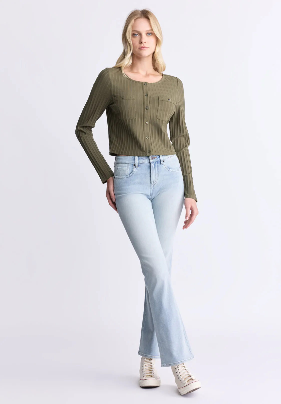 Albertina Women's Ribbed Long-Sleeve Button-Up Top, Olive Green - KT0205H