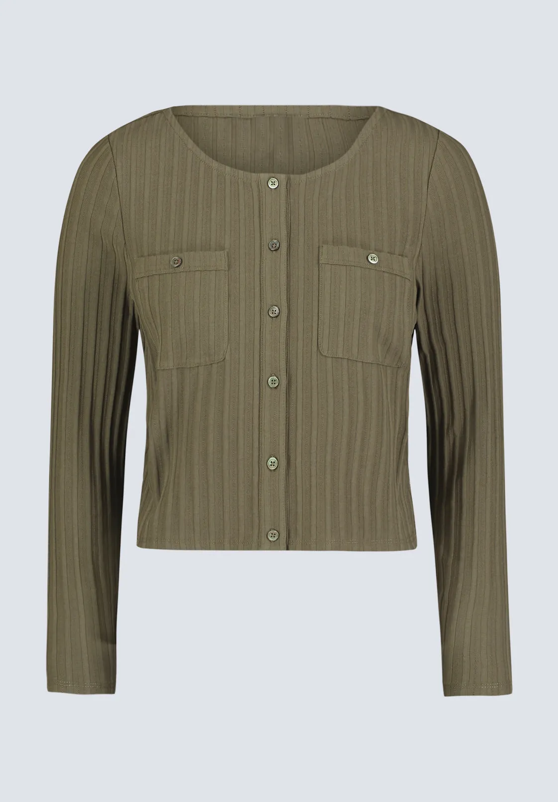 Albertina Women's Ribbed Long-Sleeve Button-Up Top, Olive Green - KT0205H