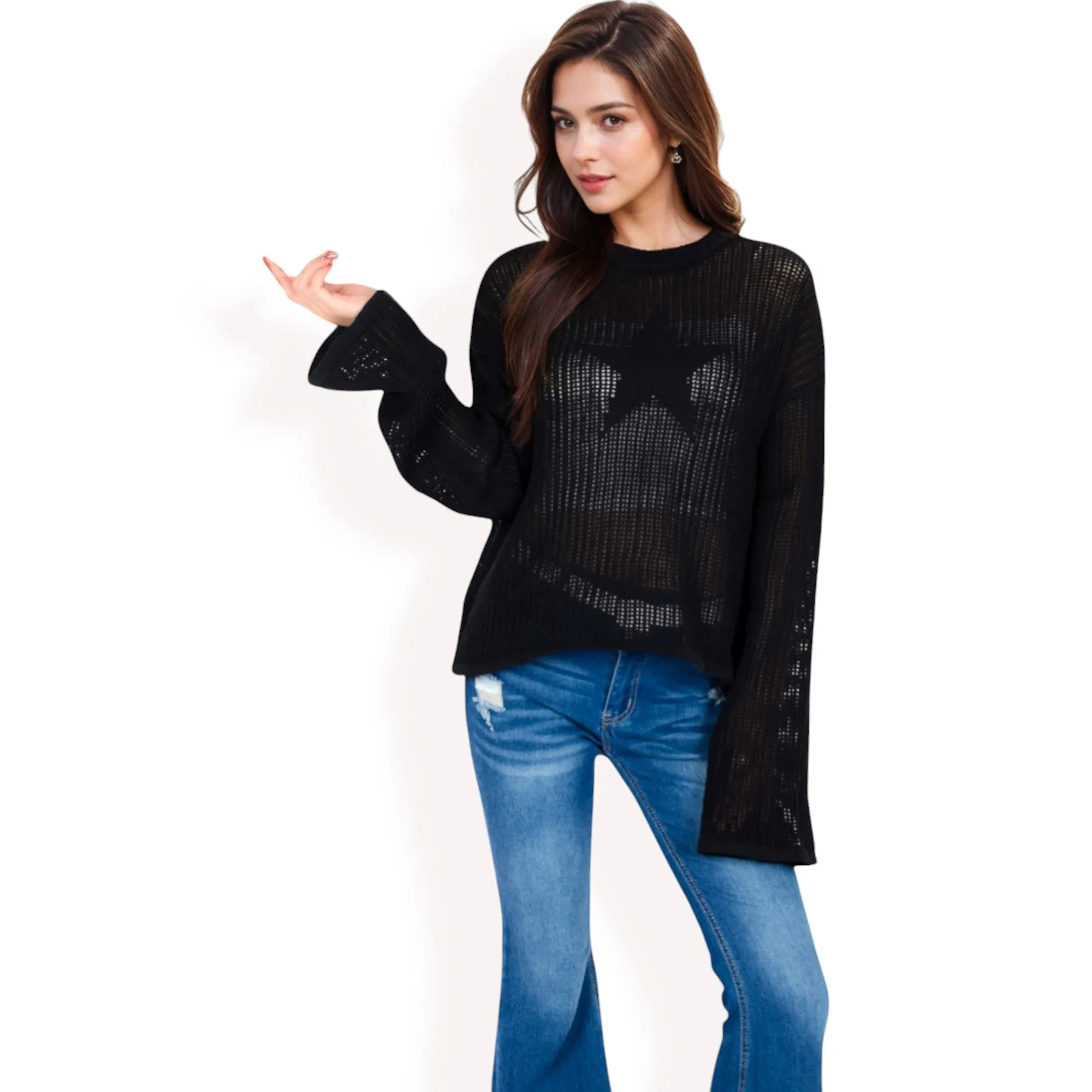 Anna-Kaci Women's Oversized Star Cutout Knit Pullover Sweater with Drop Shoulder Design