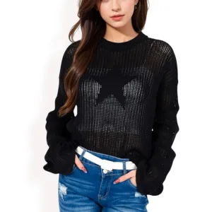 Anna-Kaci Women's Oversized Star Cutout Knit Pullover Sweater with Drop Shoulder Design