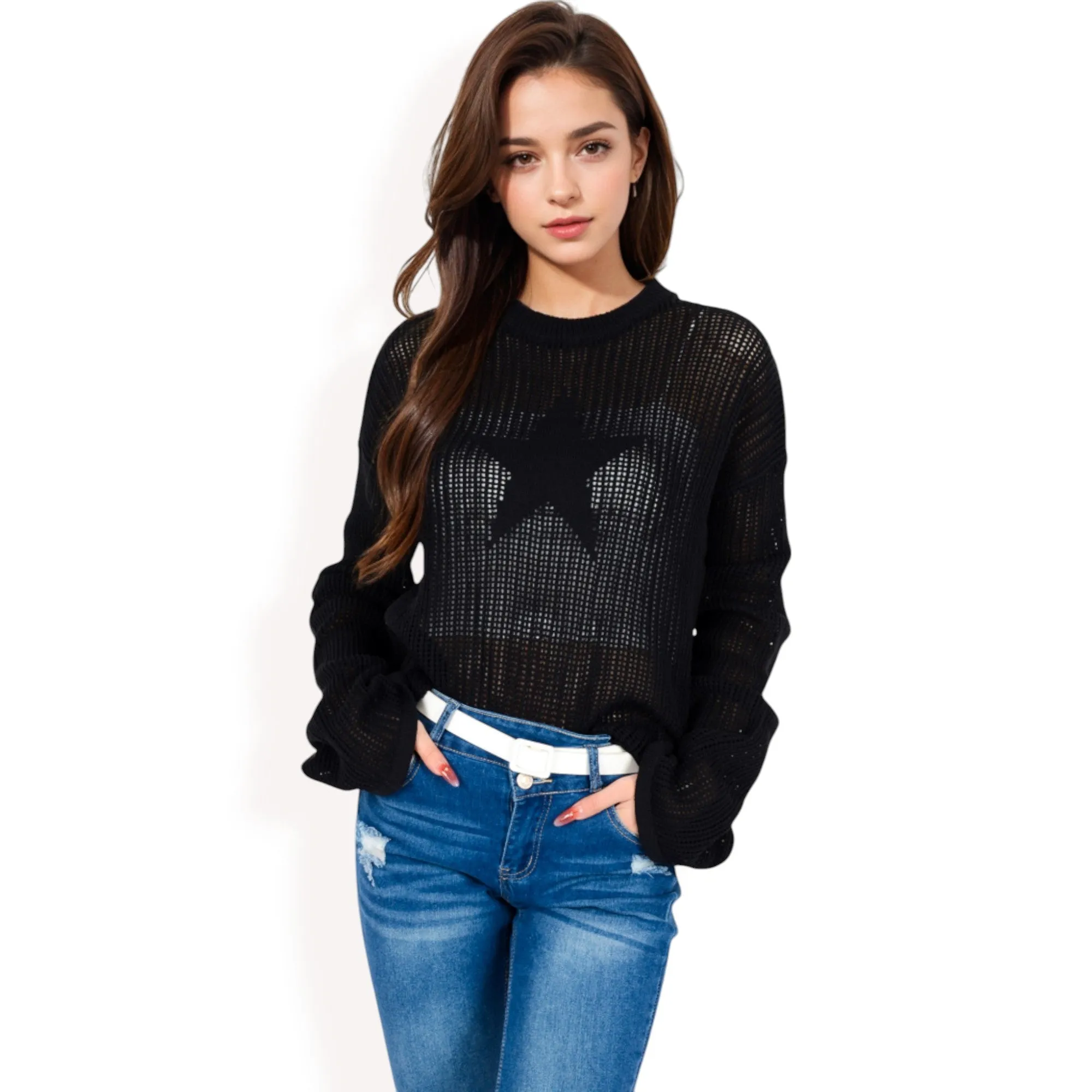 Anna-Kaci Women's Oversized Star Cutout Knit Pullover Sweater with Drop Shoulder Design