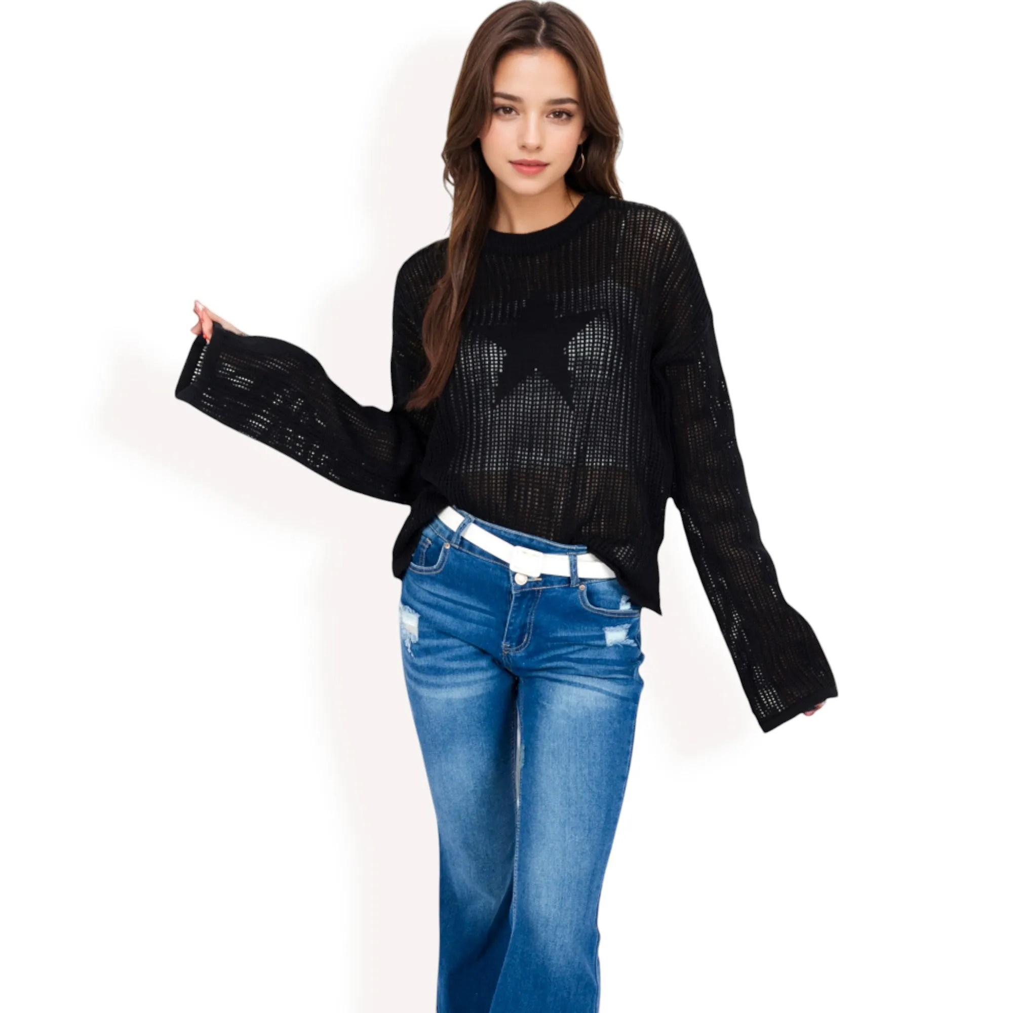 Anna-Kaci Women's Oversized Star Cutout Knit Pullover Sweater with Drop Shoulder Design