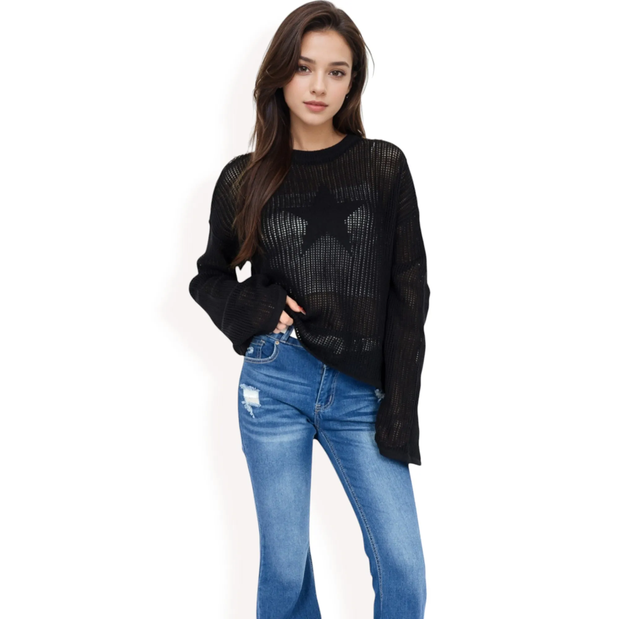 Anna-Kaci Women's Oversized Star Cutout Knit Pullover Sweater with Drop Shoulder Design