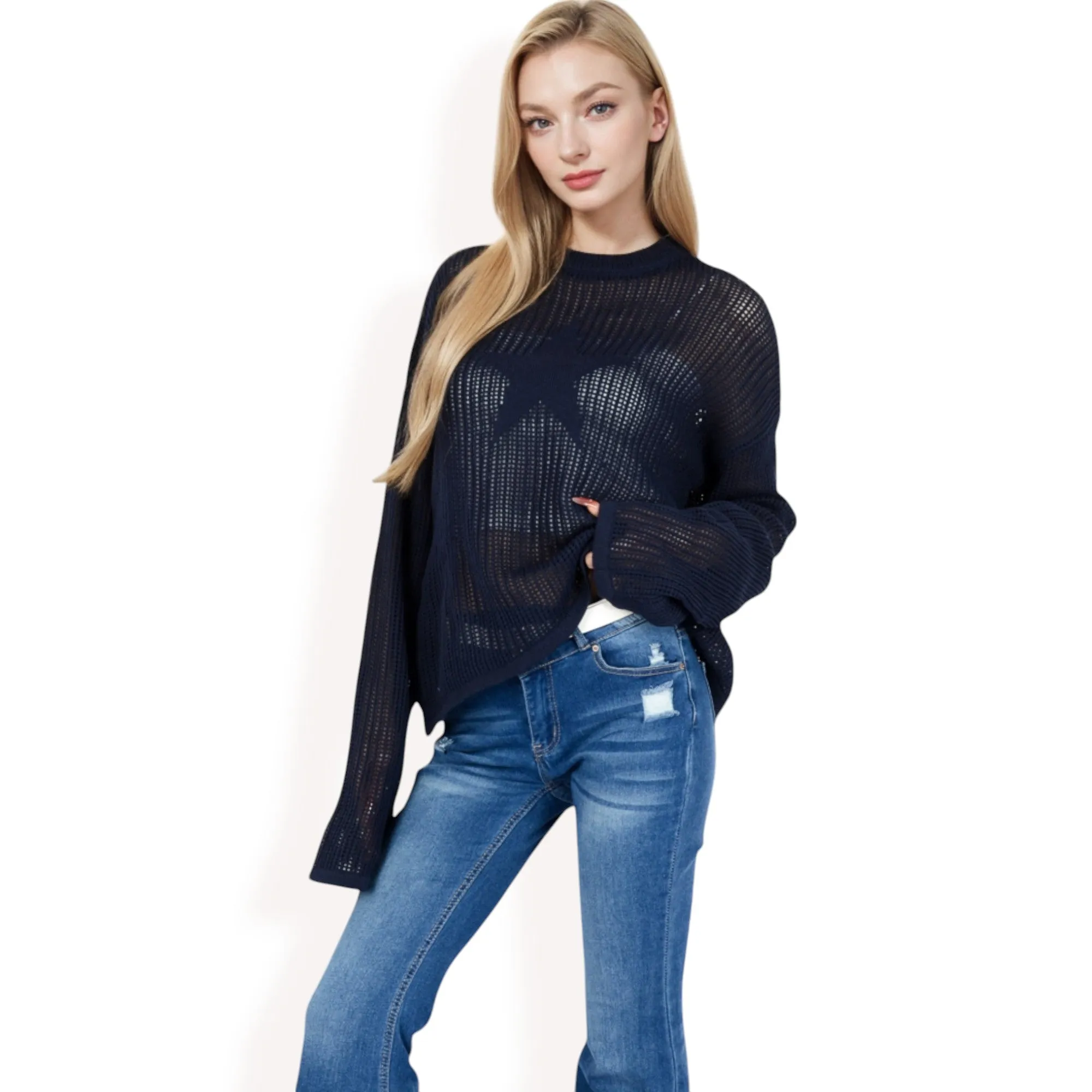 Anna-Kaci Women's Oversized Star Cutout Knit Pullover Sweater with Drop Shoulder Design