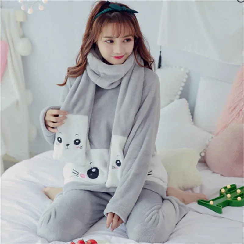 Autumn and Winter Coral Velvet Pajamas Women Plus Velvet Warm Long Sleeves Flannel Suit Students