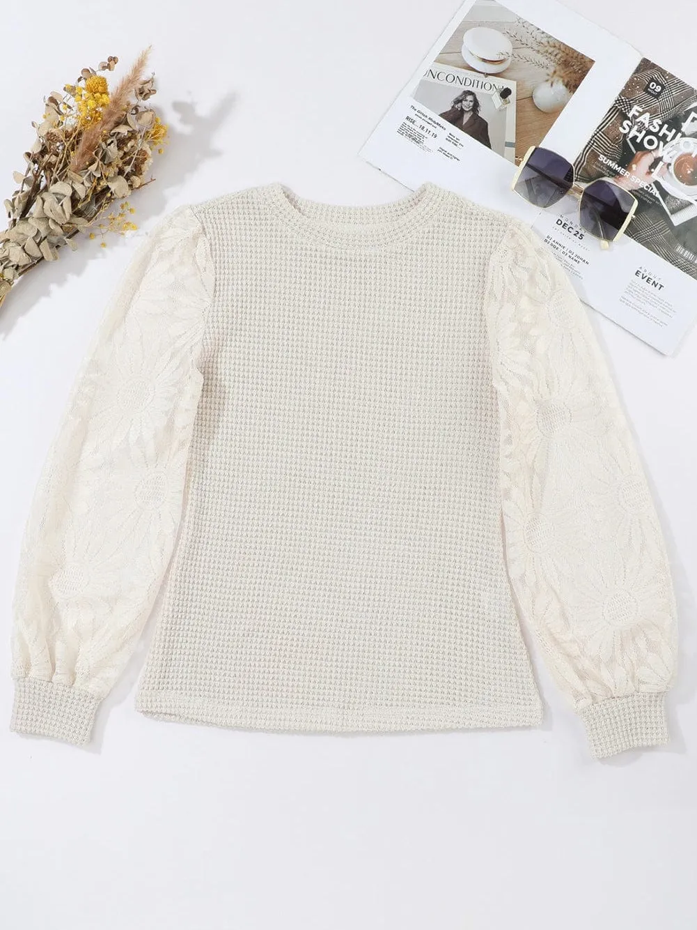 Beige Sunflower Mesh Bubble Sleeve Lace Detail Waffle Knit Top