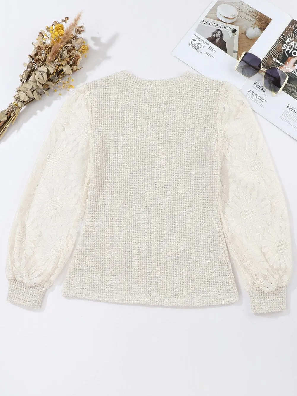 Beige Sunflower Mesh Bubble Sleeve Lace Detail Waffle Knit Top