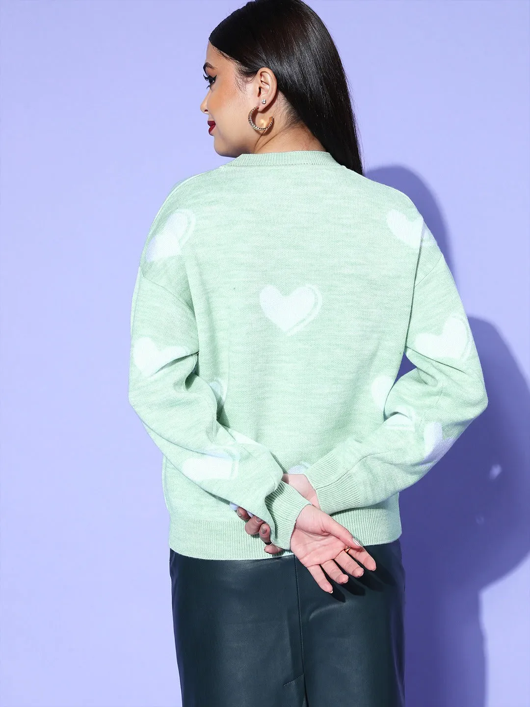 Berrylush Women Sea Green & White Heart Printed Round Neck Acrylic Straight Hem Regular Sweater