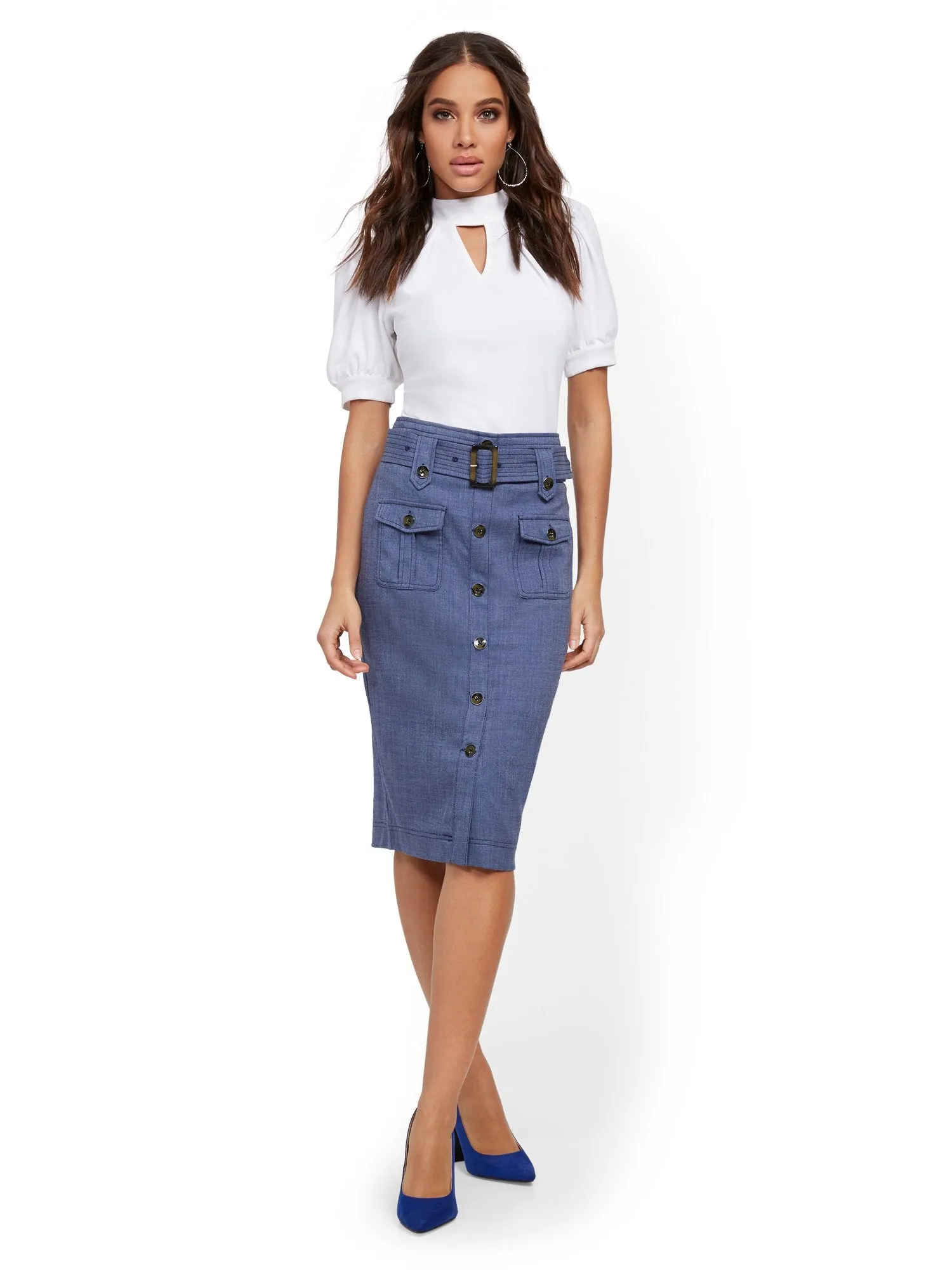 Blue Cargo-Pocket Pencil Skirt - 7th Avenue