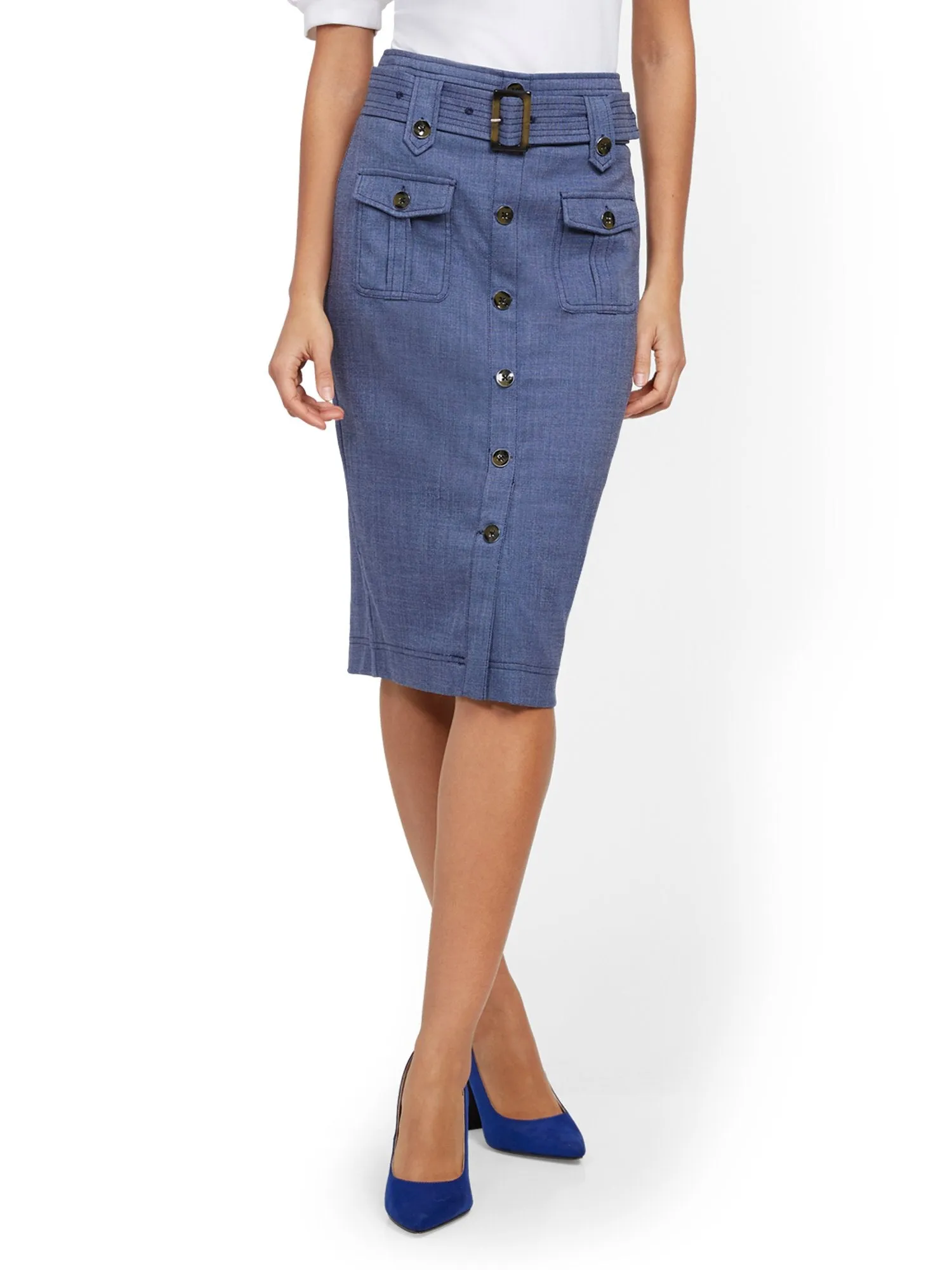 Blue Cargo-Pocket Pencil Skirt - 7th Avenue