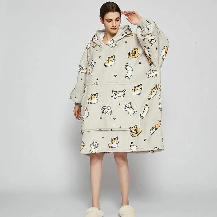 Cartoon Kitty Cat Print Hooded Blanket Pajamas