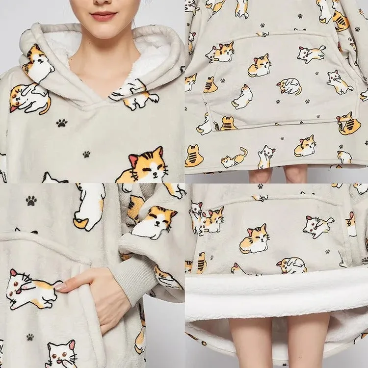 Cartoon Kitty Cat Print Hooded Blanket Pajamas