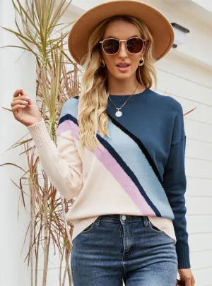 Color Matching Crew Neck Striped Sweater