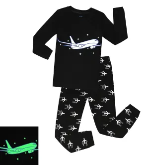 Elowel Boys Glow in The Dark Airplane 2 Piece Pajamas Pjs Set 100% Cotton (Size2Y-10Y)