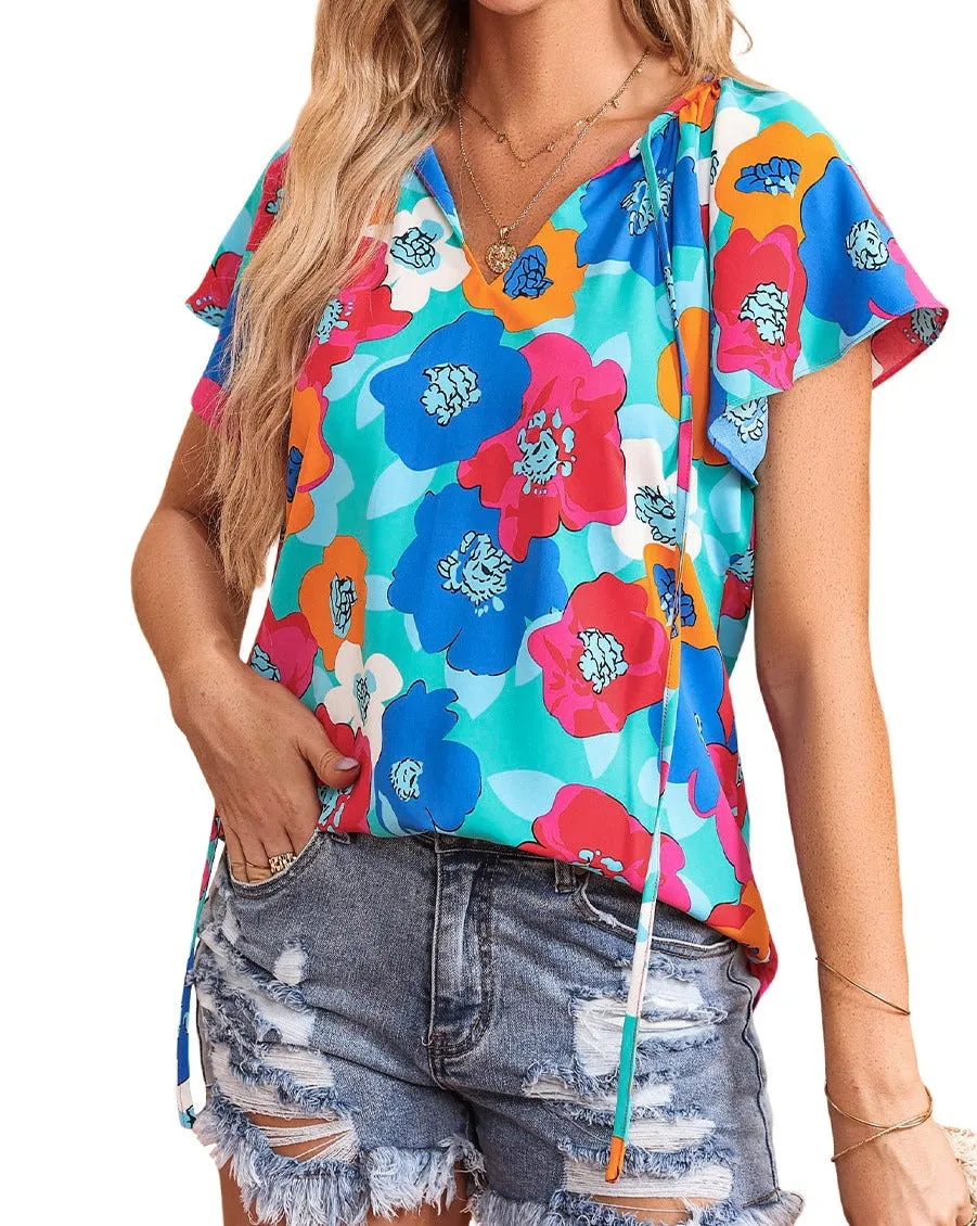 Floral Drawstring Short Sleeve Blouse