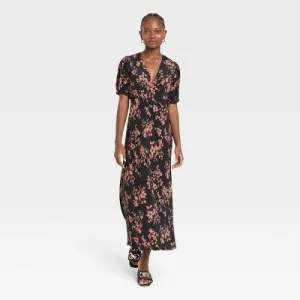 New - Women's Crepe Puff Short Sleeve Midi Dress - A New Day Black/Brown Floral M