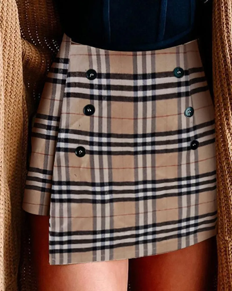 Plaid Print Button Design High Waist Skirt