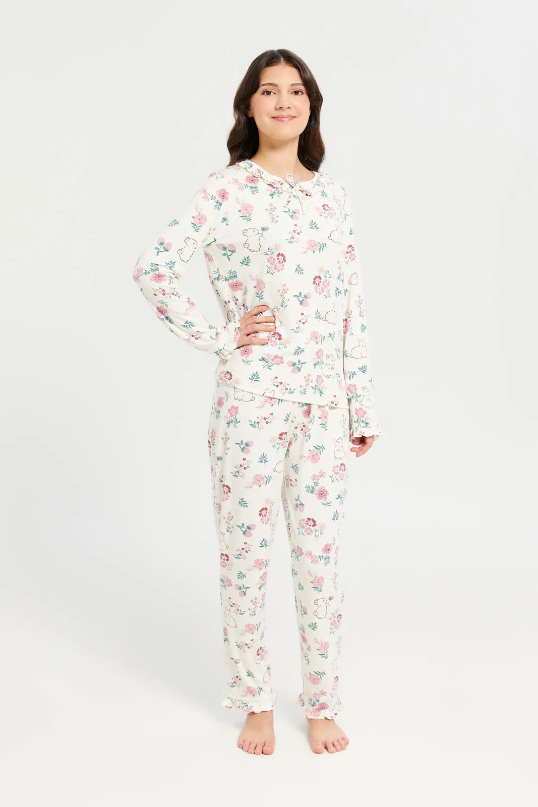 Senior Girls White Floral Long Sleeve Pyjama Set (2 Piece)