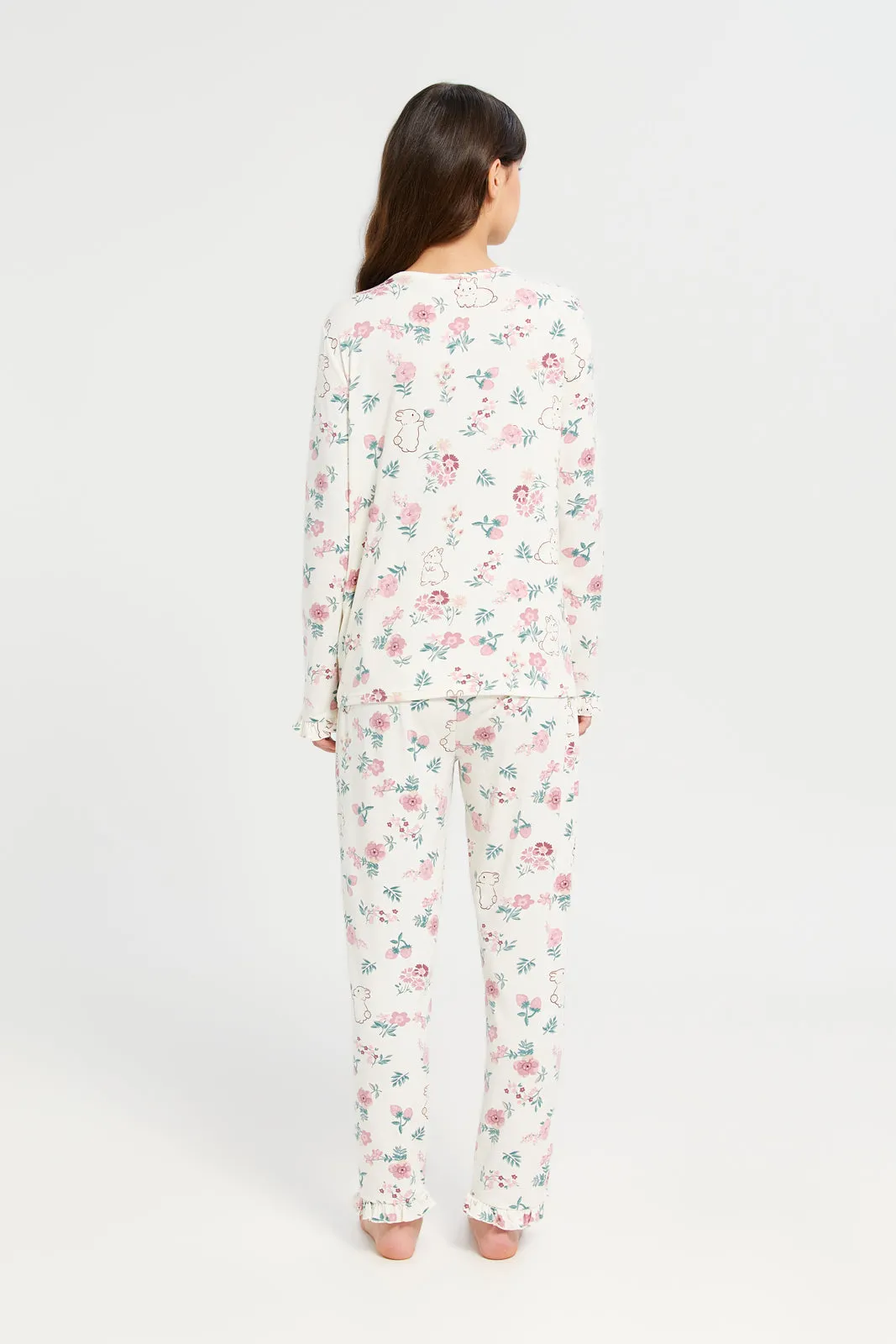 Senior Girls White Floral Long Sleeve Pyjama Set (2 Piece)