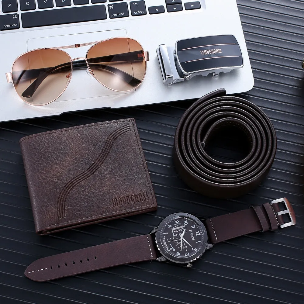 Set Wallet Belt Waist Belt Glasses Watch 4pcs/S