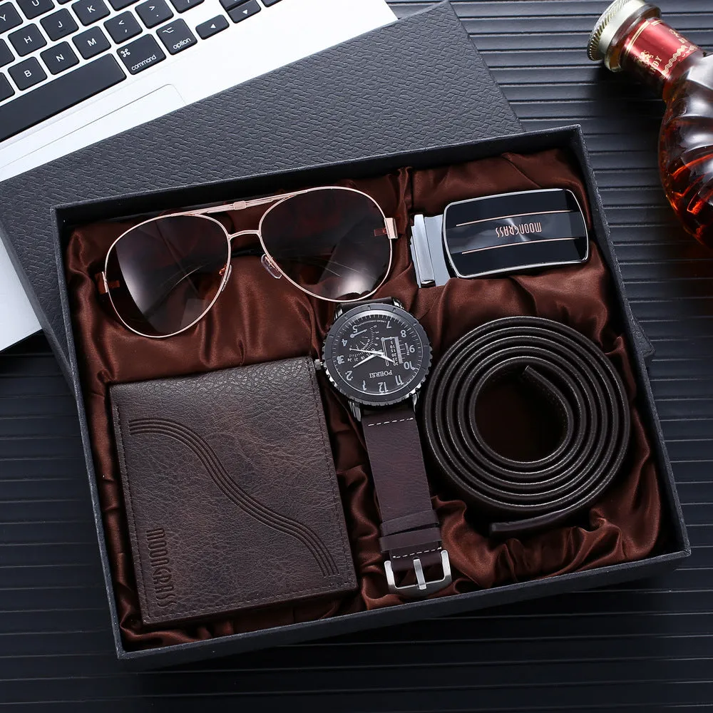 Set Wallet Belt Waist Belt Glasses Watch 4pcs/S