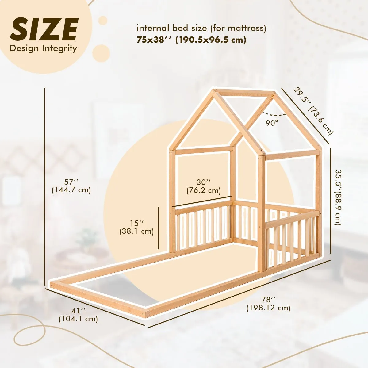 Small Wooden Montessori House Floor Bed with Fence and Roof for Kids (75x38 inch)