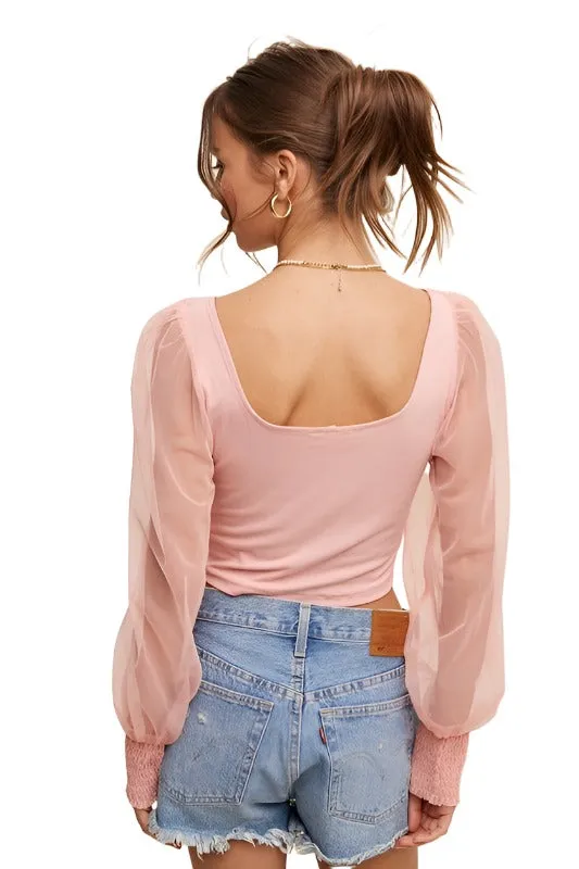 Square Neck Mesh Puff Sleeve Knit Top