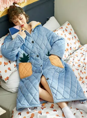 THREE-LAYER THICKENED WARM CORAL FLEECE PAJAMAS PINEAPPLE