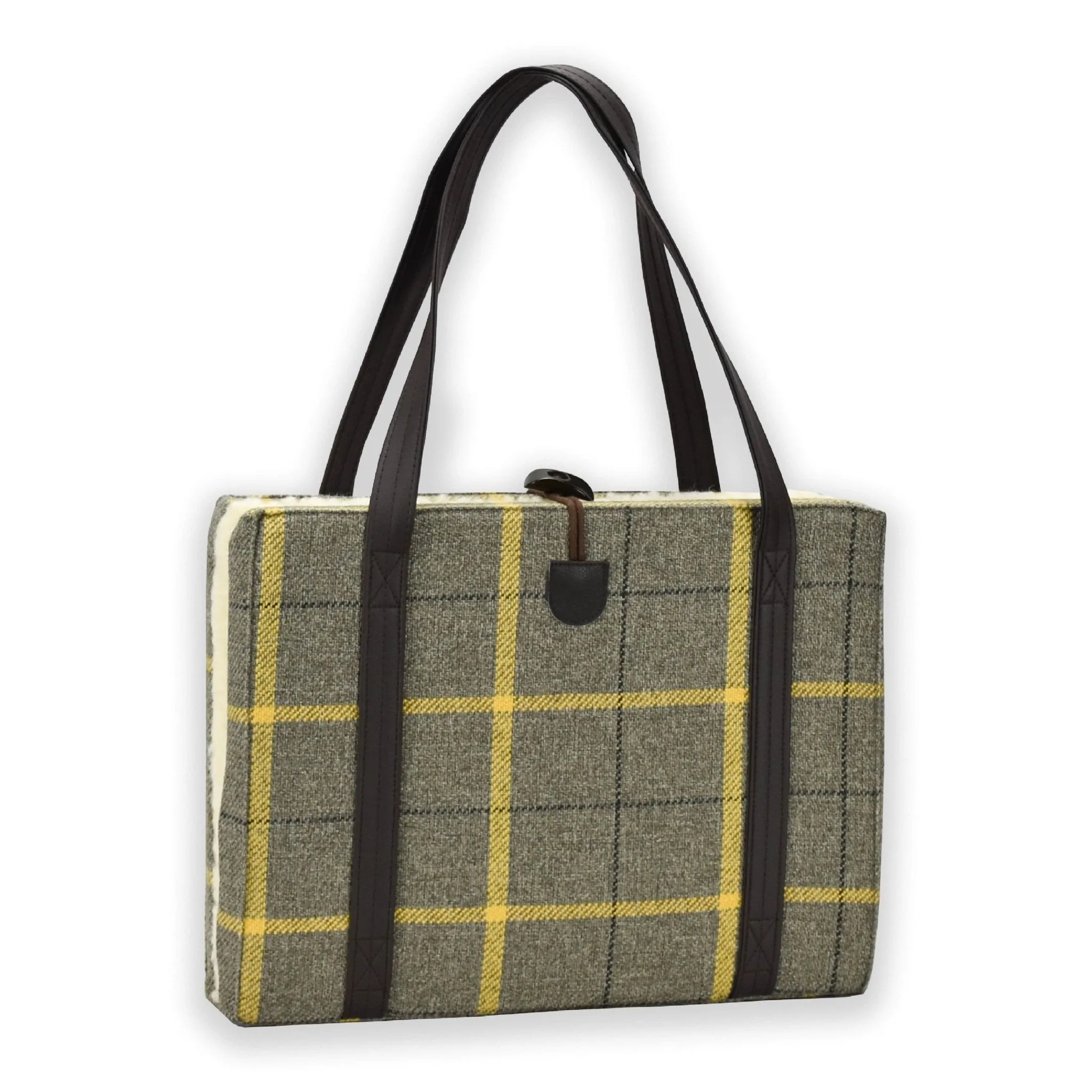 Travel Dog Bed - Beige & Gold Country Plaid with Fluffy Wool Lining