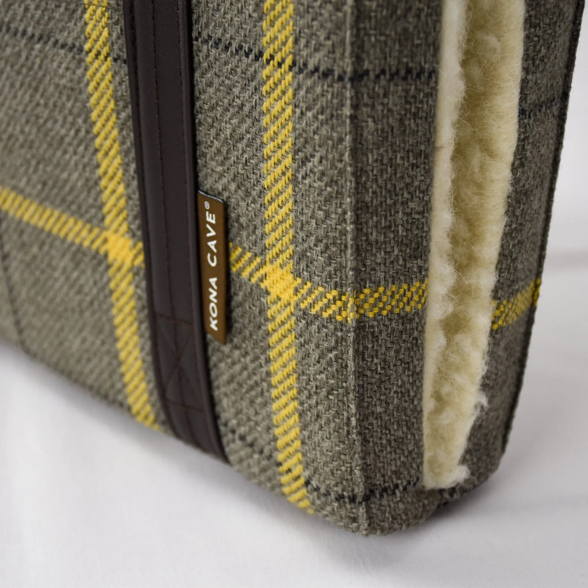 Travel Dog Bed - Beige & Gold Country Plaid with Fluffy Wool Lining