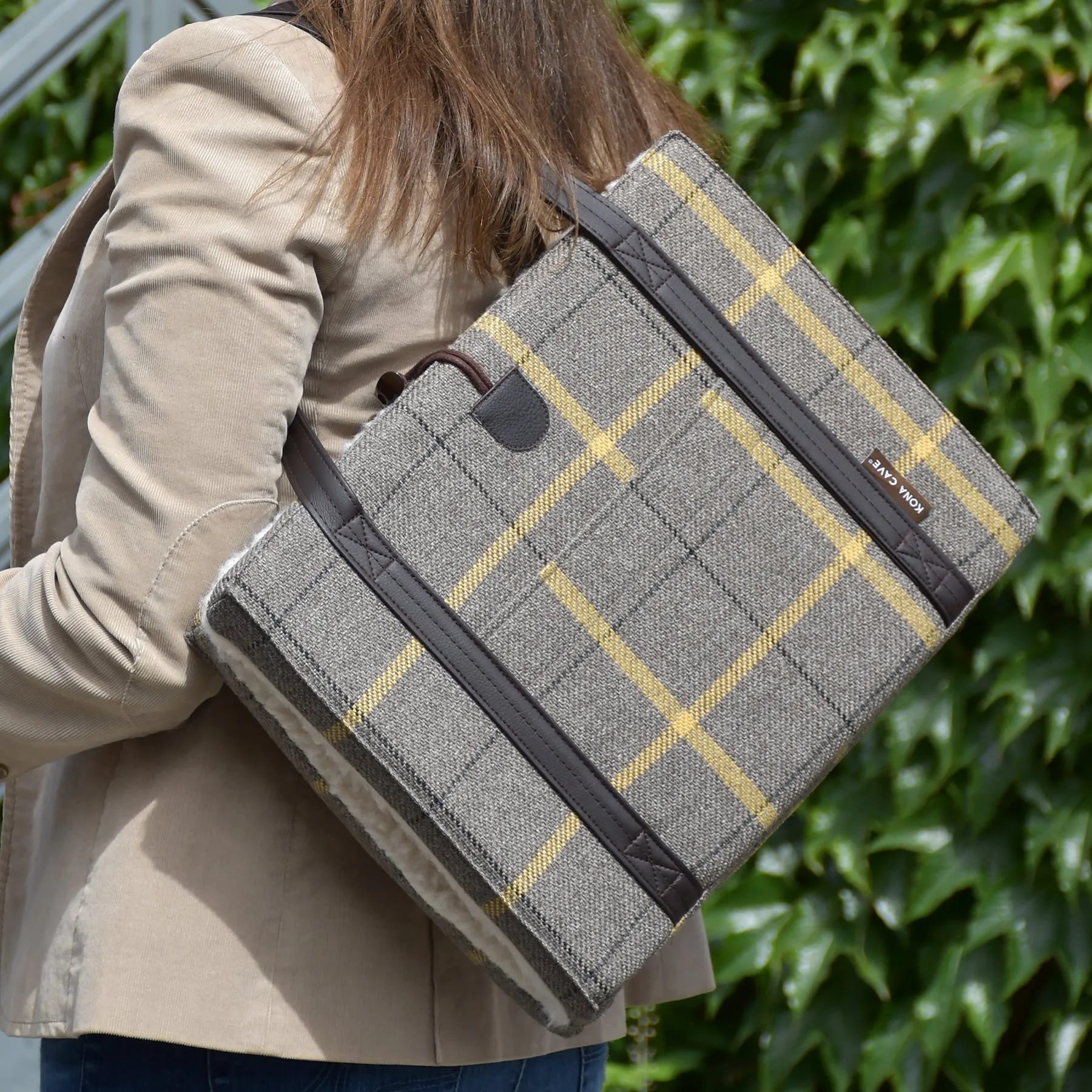 Travel Dog Bed - Beige & Gold Country Plaid with Fluffy Wool Lining