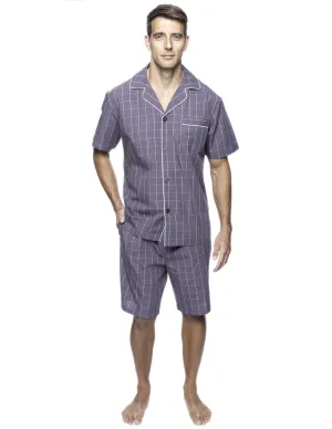 Twin Boat Men's 100% Woven Cotton Short Pajama Sleepwear Set - Windowpane Checks Grey