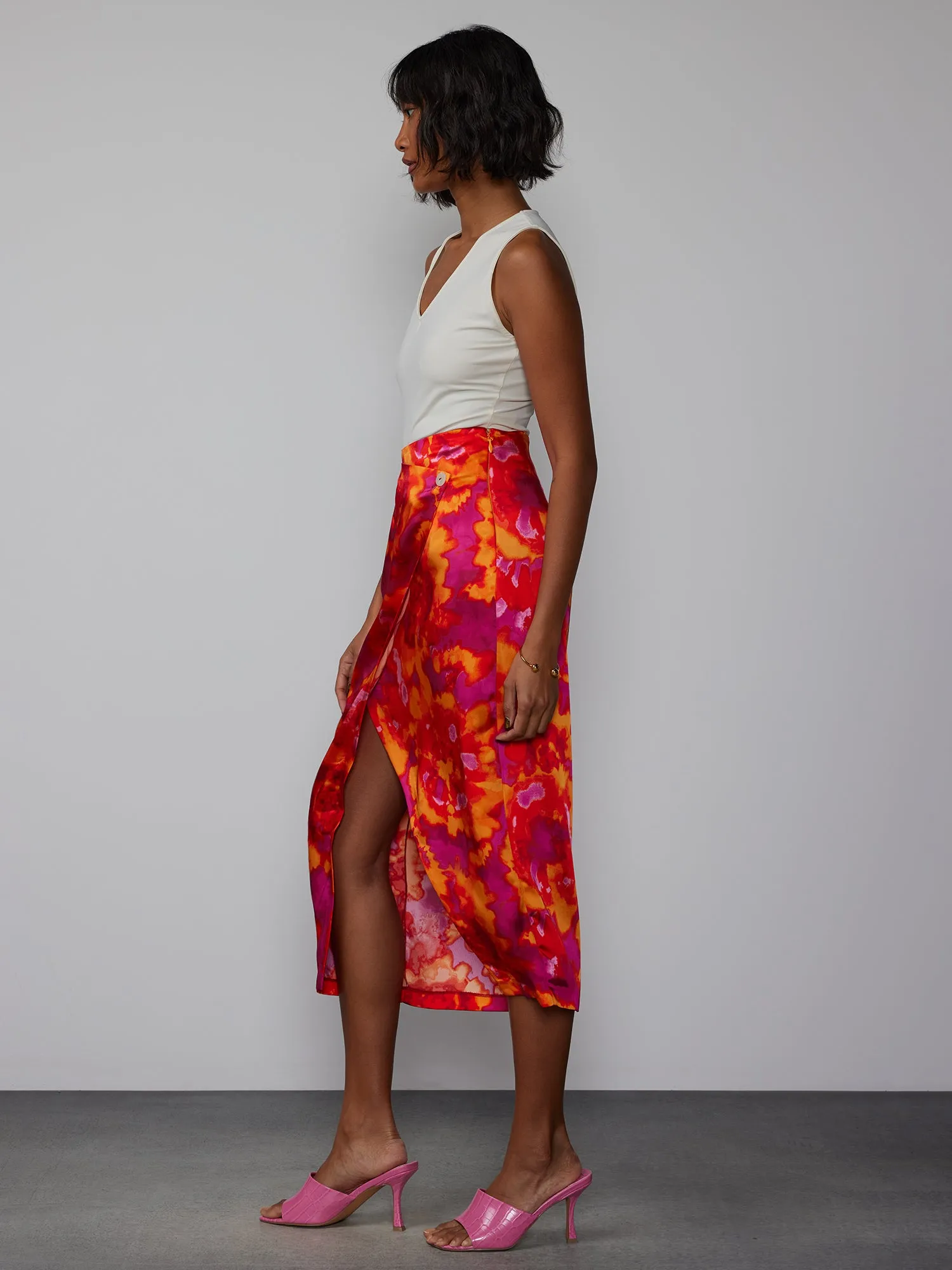 Watercolor Satin Wrap Floral Skirt