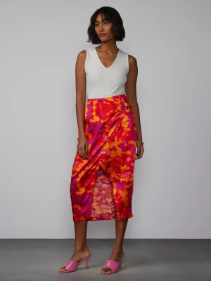 Watercolor Satin Wrap Floral Skirt