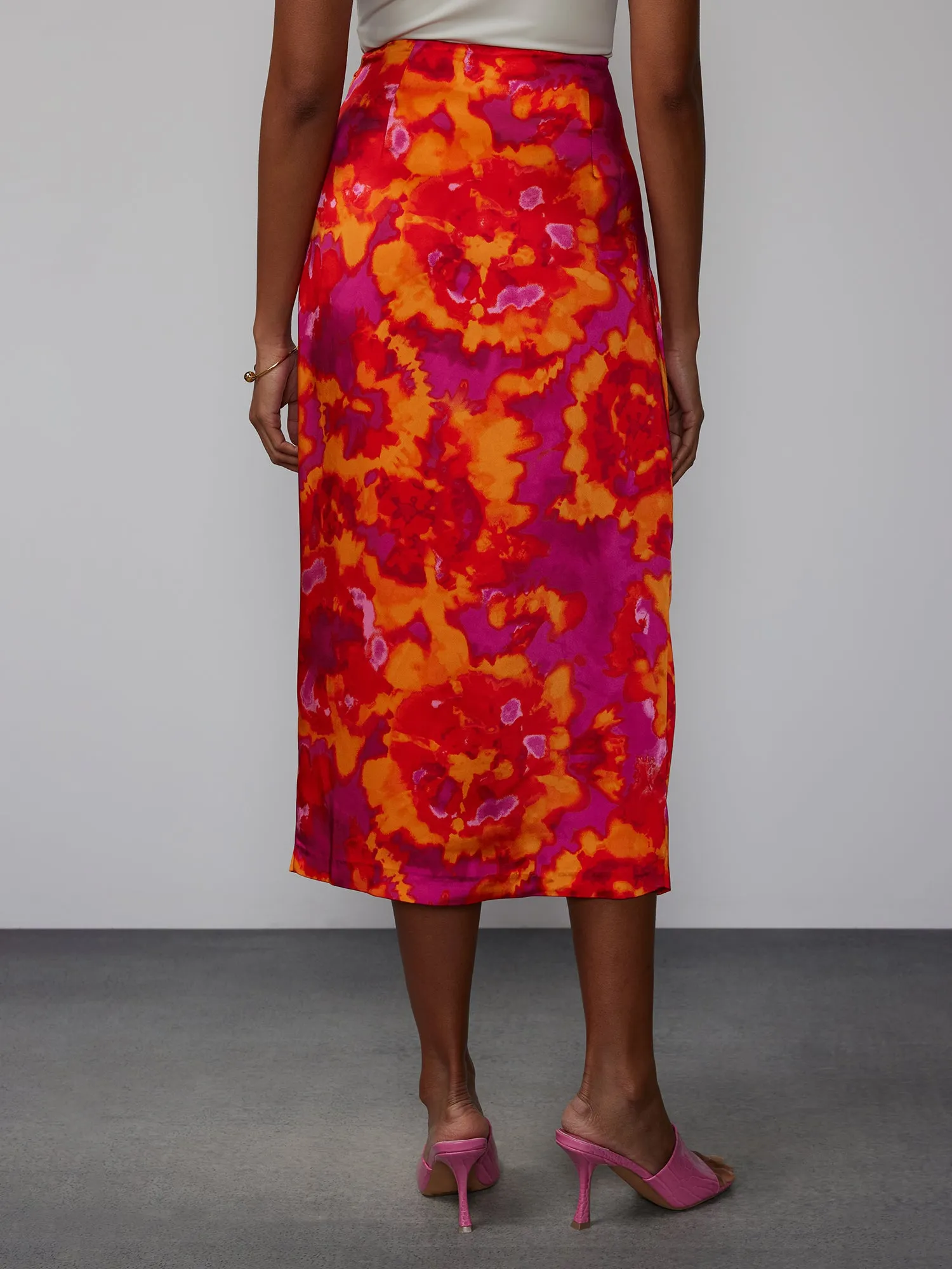 Watercolor Satin Wrap Floral Skirt