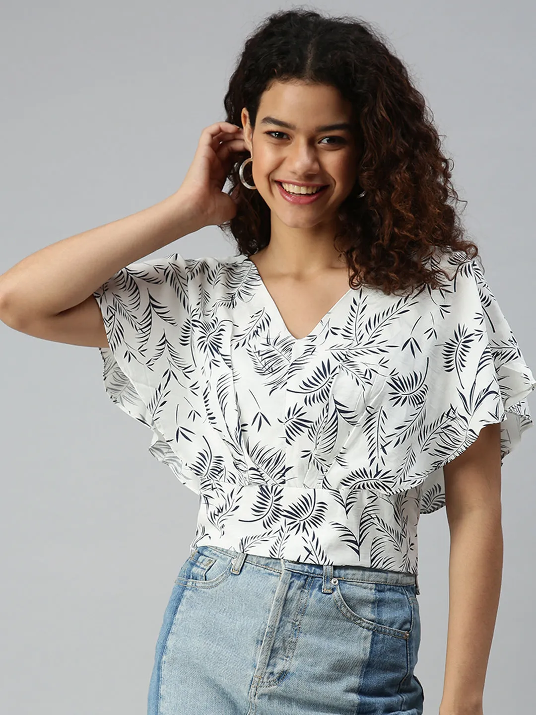 Women White Printed Crop Styled Back Top