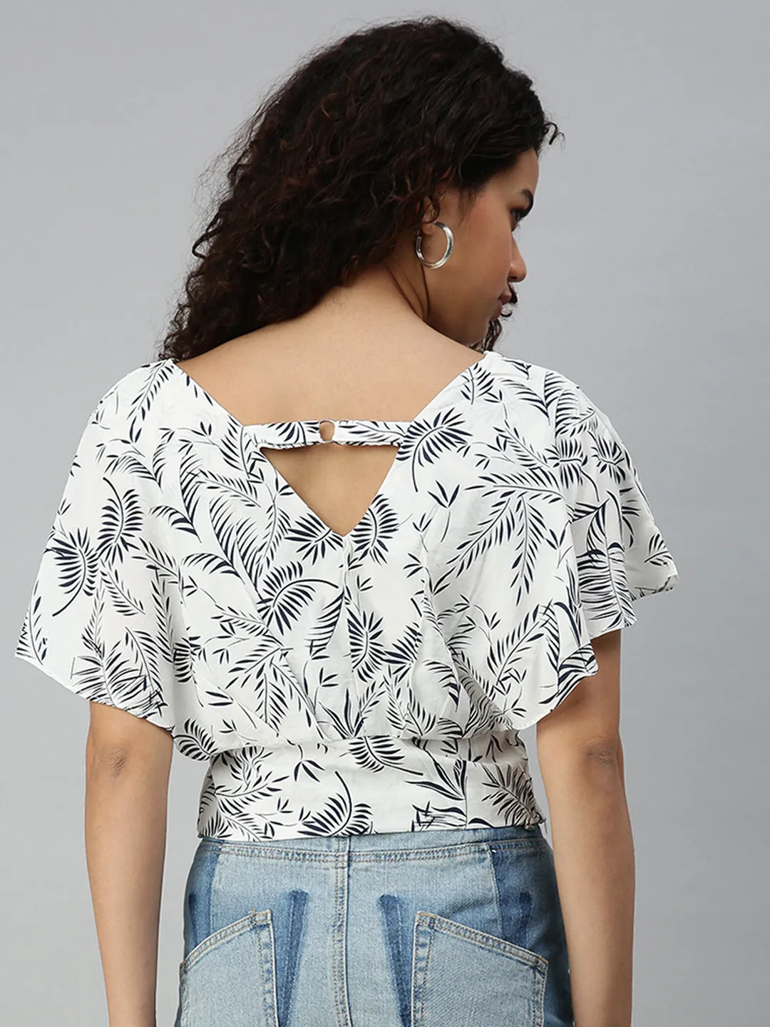 Women White Printed Crop Styled Back Top