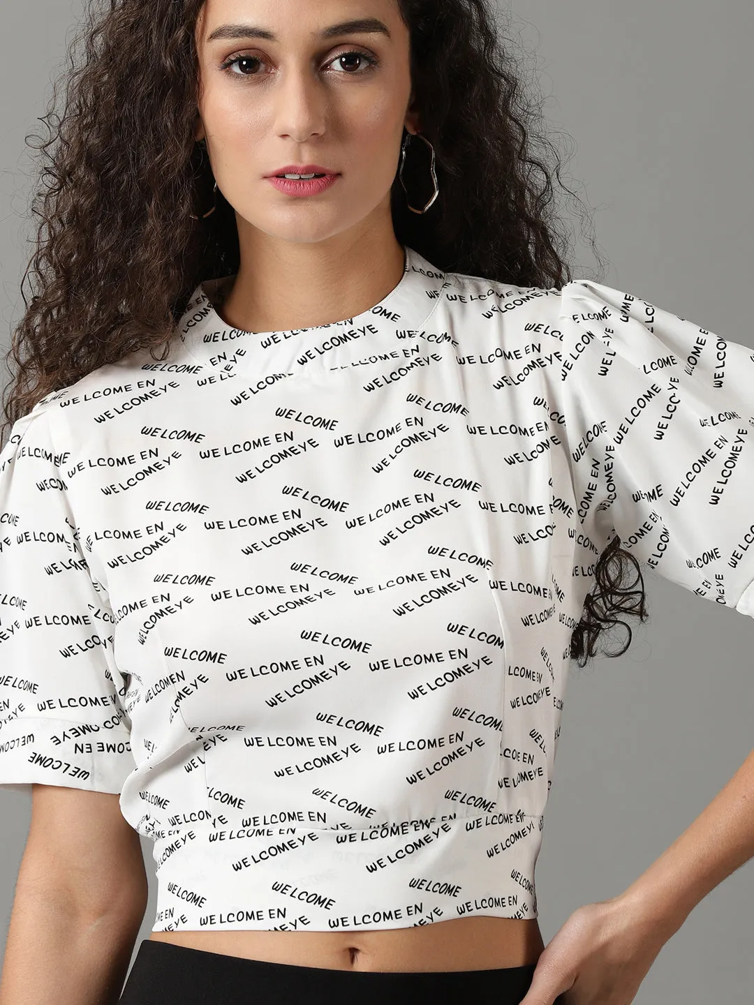 Women's White Printed Blouson Crop Top